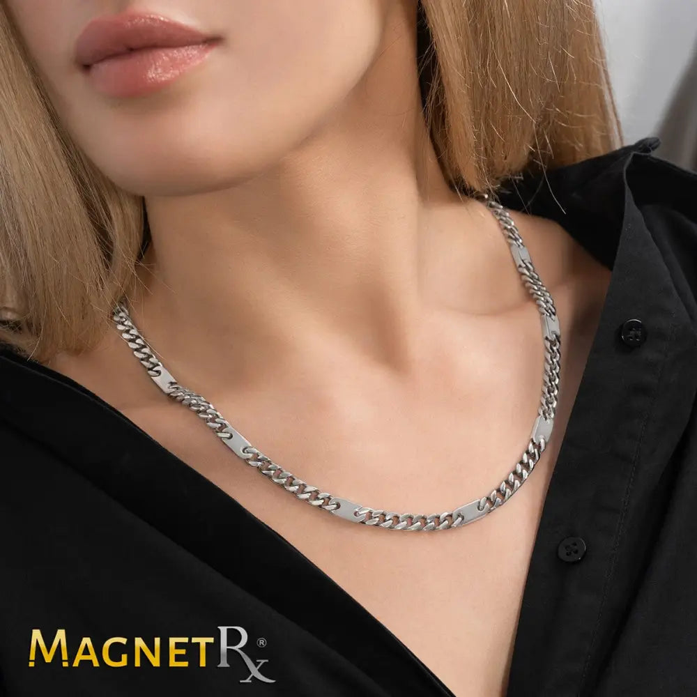 Magnetic silver stainless steel curb chain therapy necklace in silver tone with sleek modern design
