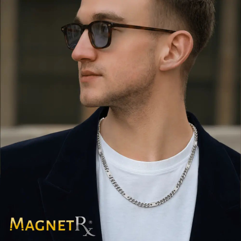 Magnetic silver stainless steel curb chain therapy necklace featuring a bold interlocking link design