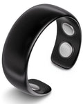 Brushed black stainless steel magnetic therapy cuff bracelet with sleek design and two silver-toned neodymium magnets inside