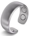 Brushed silver magnetic therapy ring with neodymium magnets in silver-toned brushed metal finish and two circular magnets