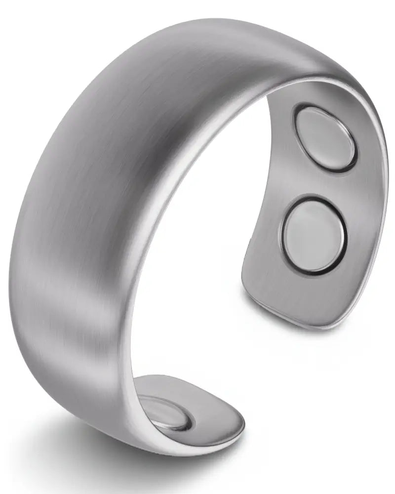 Brushed silver magnetic therapy ring with neodymium magnets in silver-toned brushed metal finish and two circular magnets