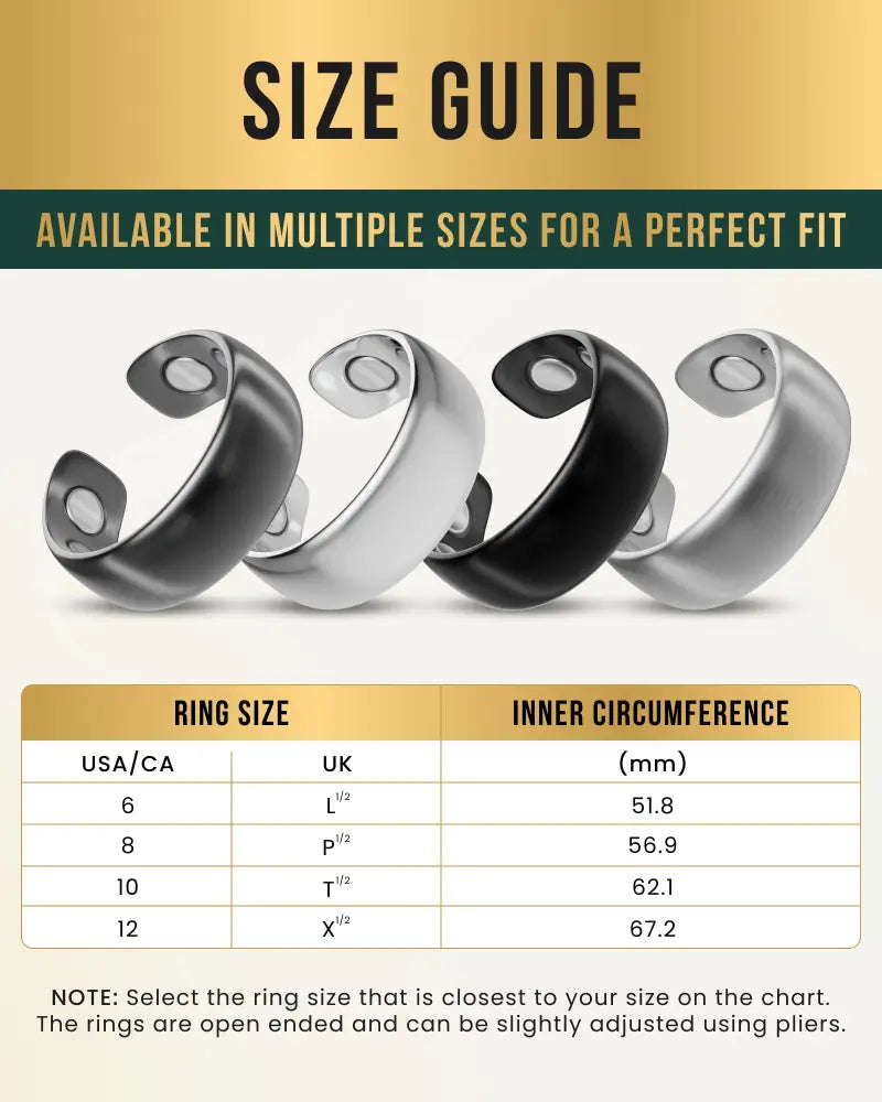Gunmetal matte magnetic neodymium therapy ring with silver and black open-ended design available in multiple sizes
