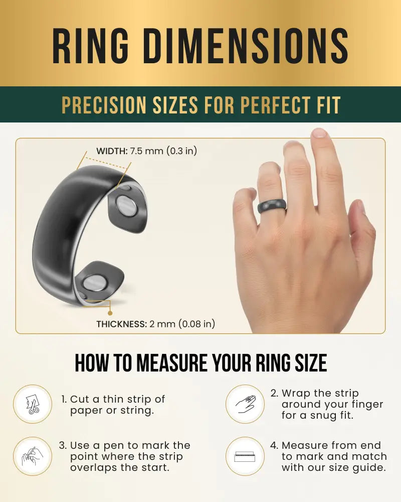 Black ceramic gunmetal matte magnetic neodymium therapy ring with two circular indentations on the inner surface