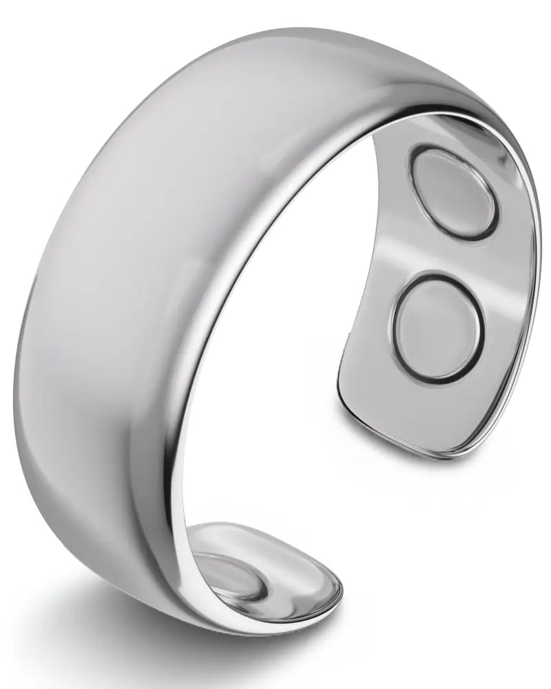 Polished silver neodymium magnetic therapy ring with smooth design and two circular magnets embedded inside