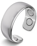 Polished silver neodymium magnetic therapy ring with smooth design and two circular magnets embedded inside