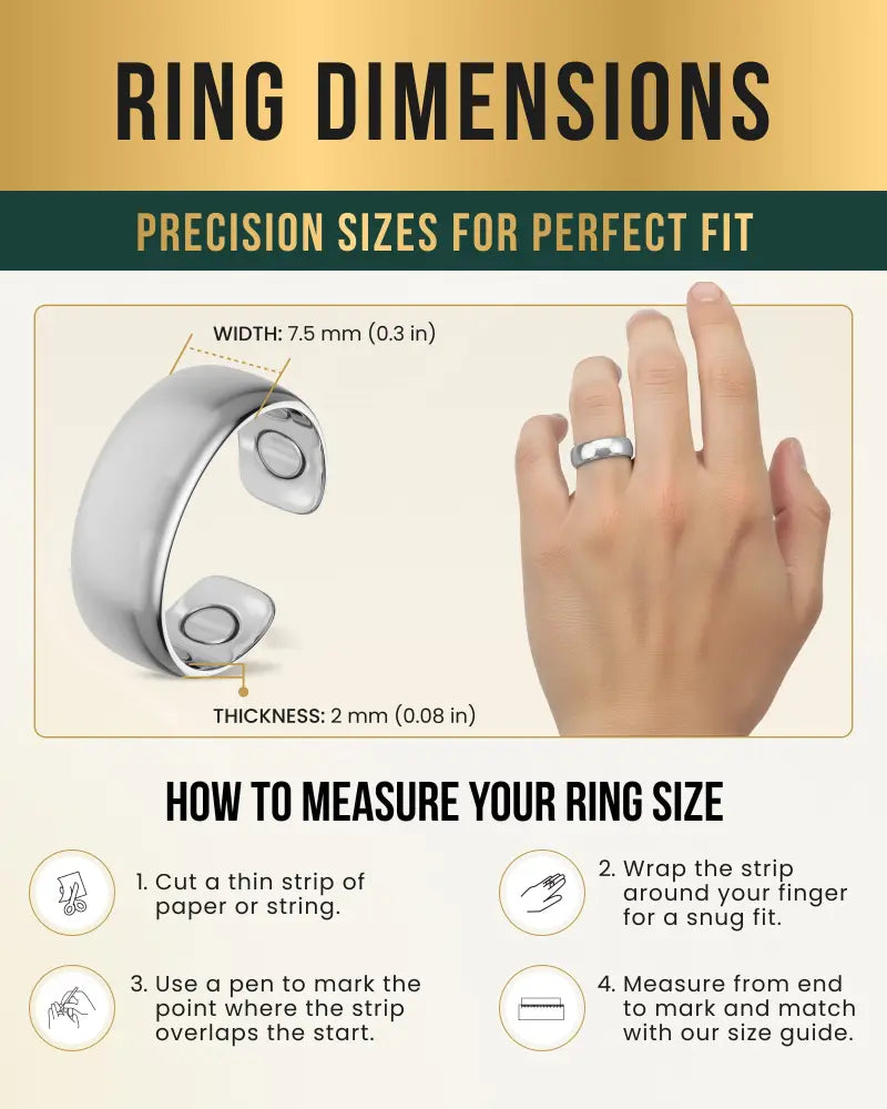 A sleek silver polished neodymium magnetic therapy ring with a modern minimalist design featuring two circular cutouts