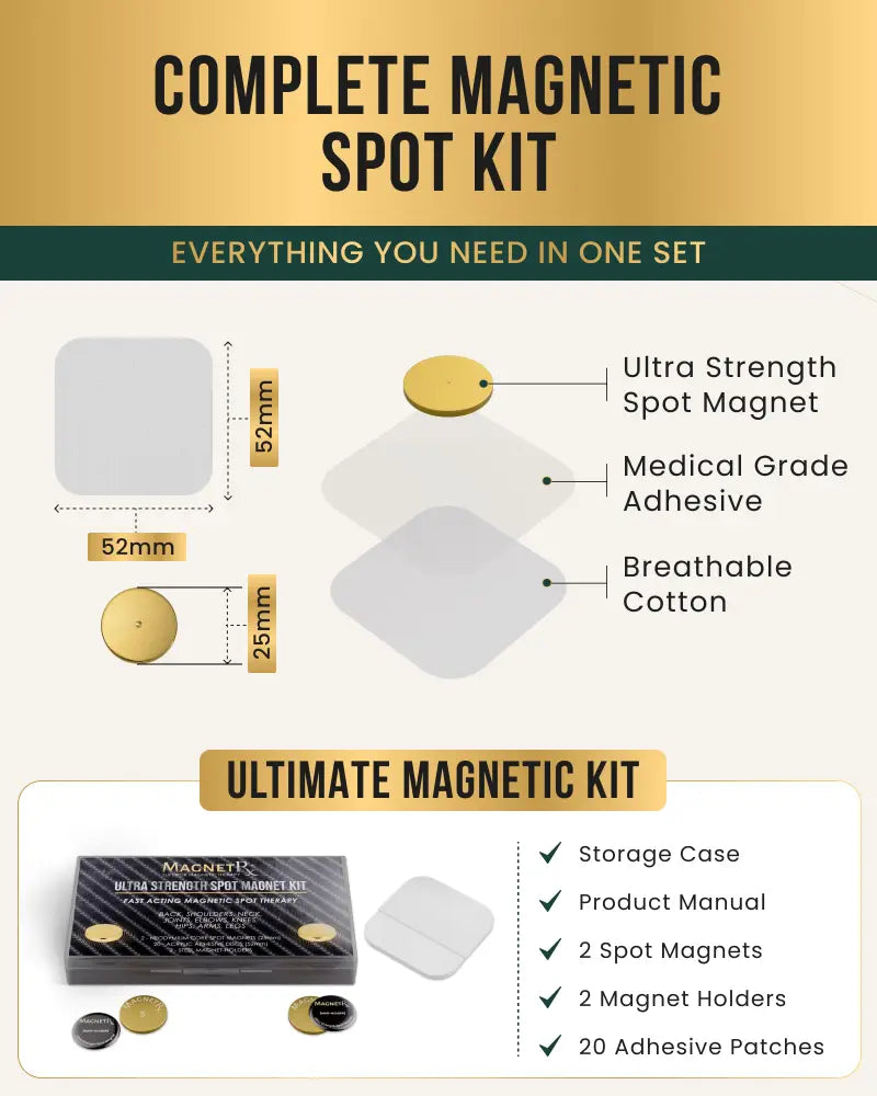 Black and gold 24k gold plated magnetic therapy patches with ultra strength magnets and medical grade adhesive on cotton backing