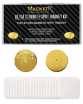 Gold-colored neodymium core spot magnets with adhesive discs for magnetic therapy in 24k gold plated patches