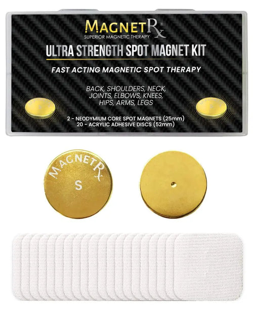 Gold-colored neodymium core spot magnets with adhesive discs for magnetic therapy in 24k gold plated patches