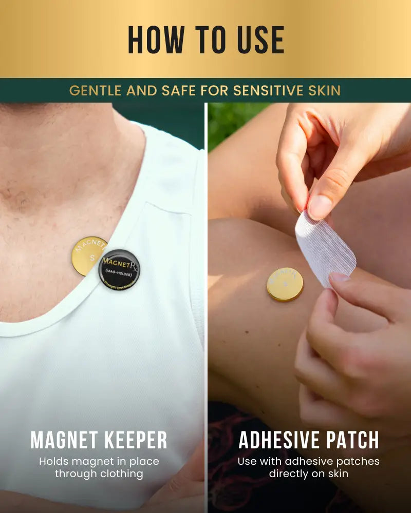 Gold and black circular 24k gold plated magnetic therapy patch with adhesive disc for secure attachment through clothing