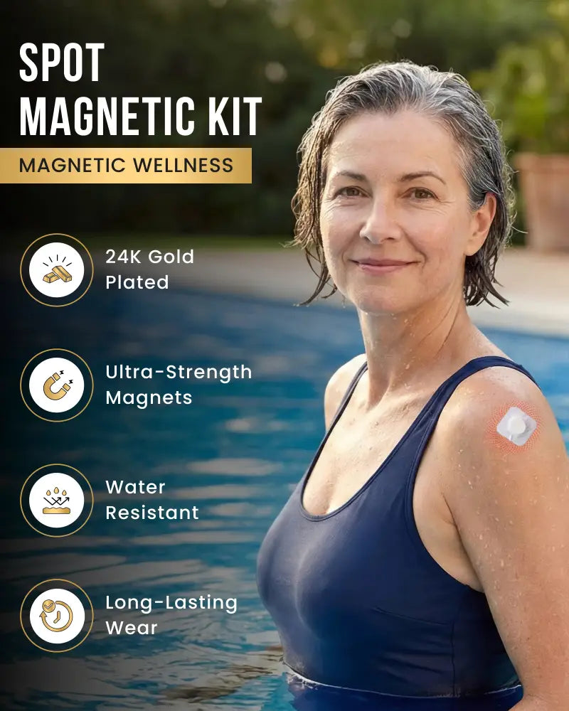 A square white 24k gold plated magnetic therapy patch with ultra-strength magnets and adhesive disc on the back side