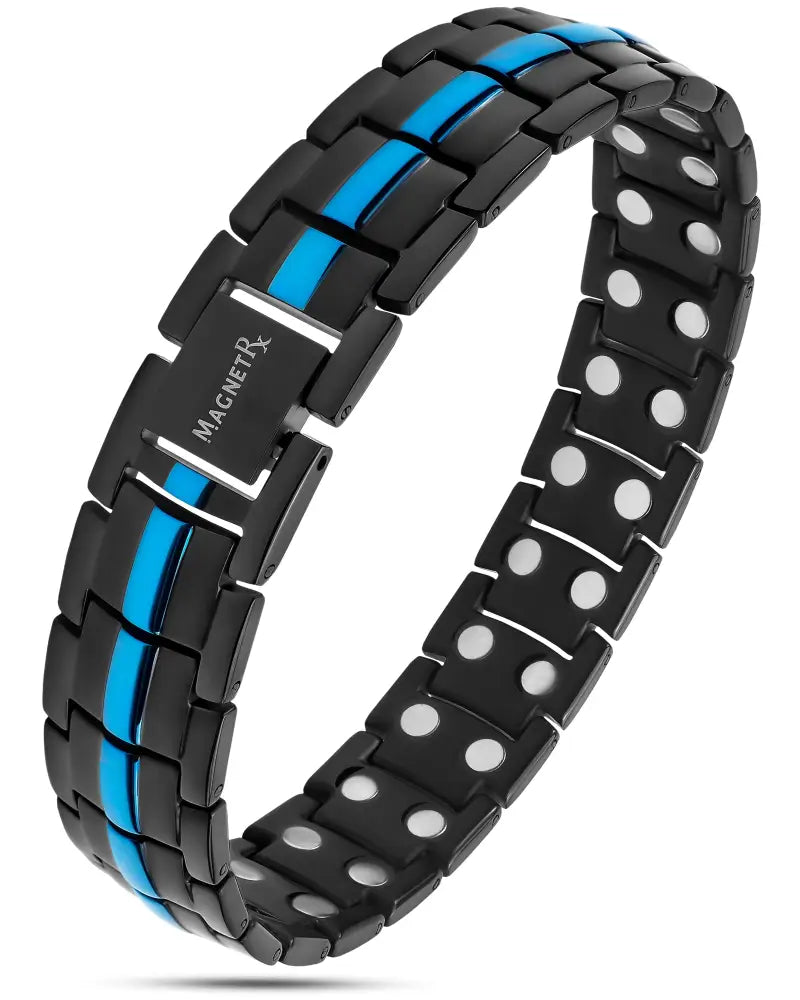 Men’s titanium magnetic thin blue line bracelet black and blue with sleek segmented design and white circular accents