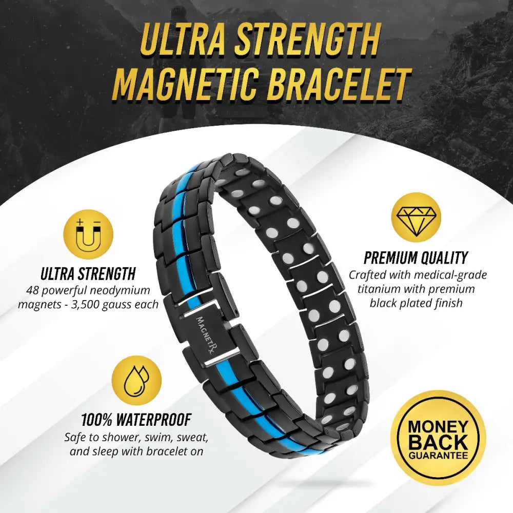 Men’s titanium magnetic thin blue line bracelet in black and blue with sleek segmented medical-grade titanium design