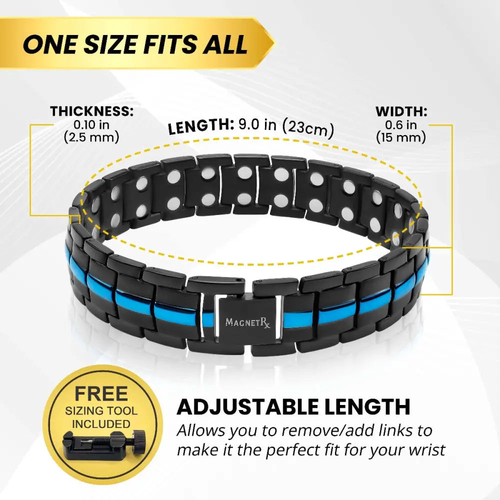 Men’s titanium magnetic thin blue line bracelet with black band, blue accent stripe, silver magnets, and adjustable length