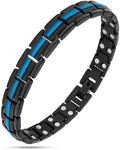 Titanium thin blue line magnetic therapy bracelet with black band, vibrant blue inlay, and silver-toned circular accents