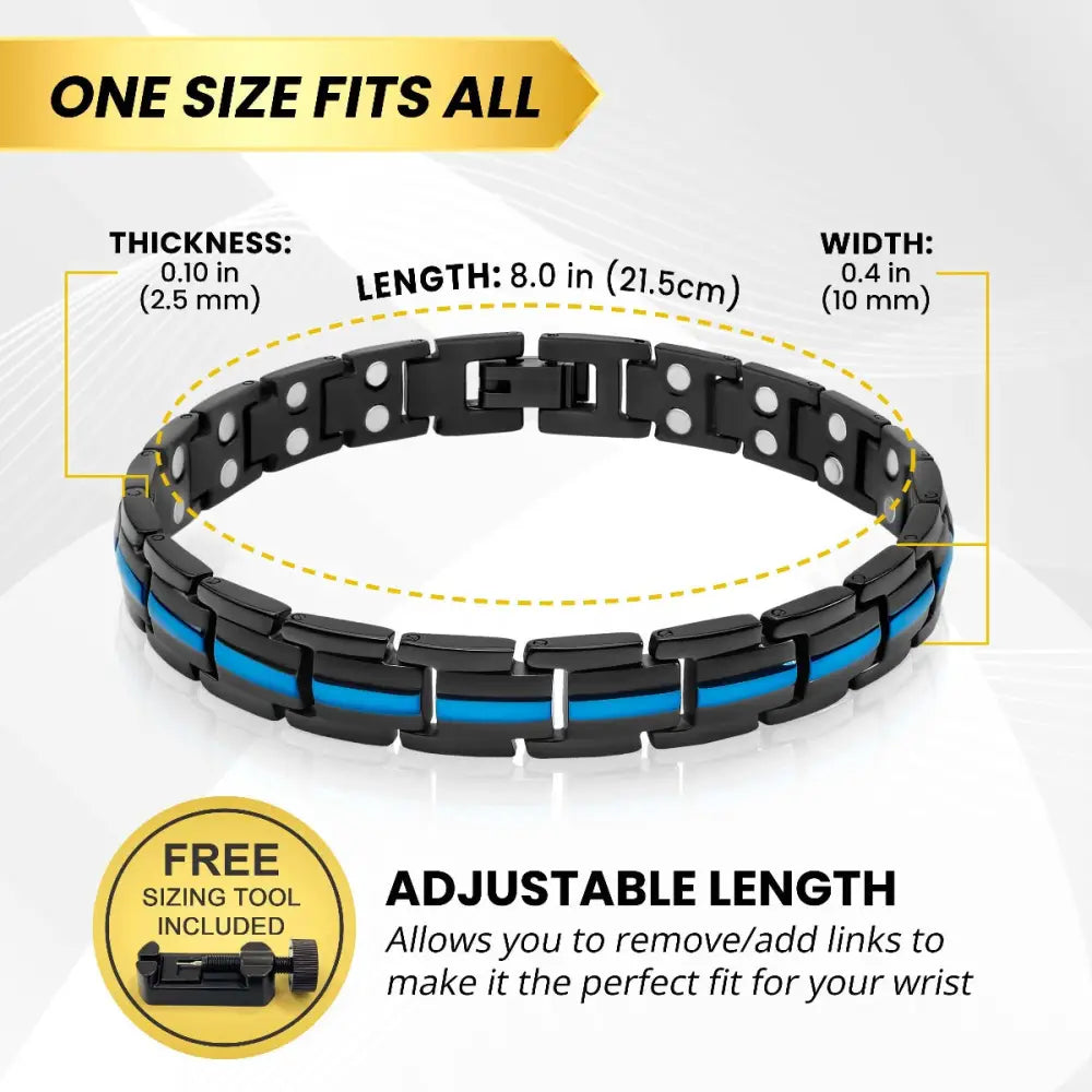 Titanium thin blue line magnetic therapy bracelet black with vibrant blue accent line interlocking links adjustable length