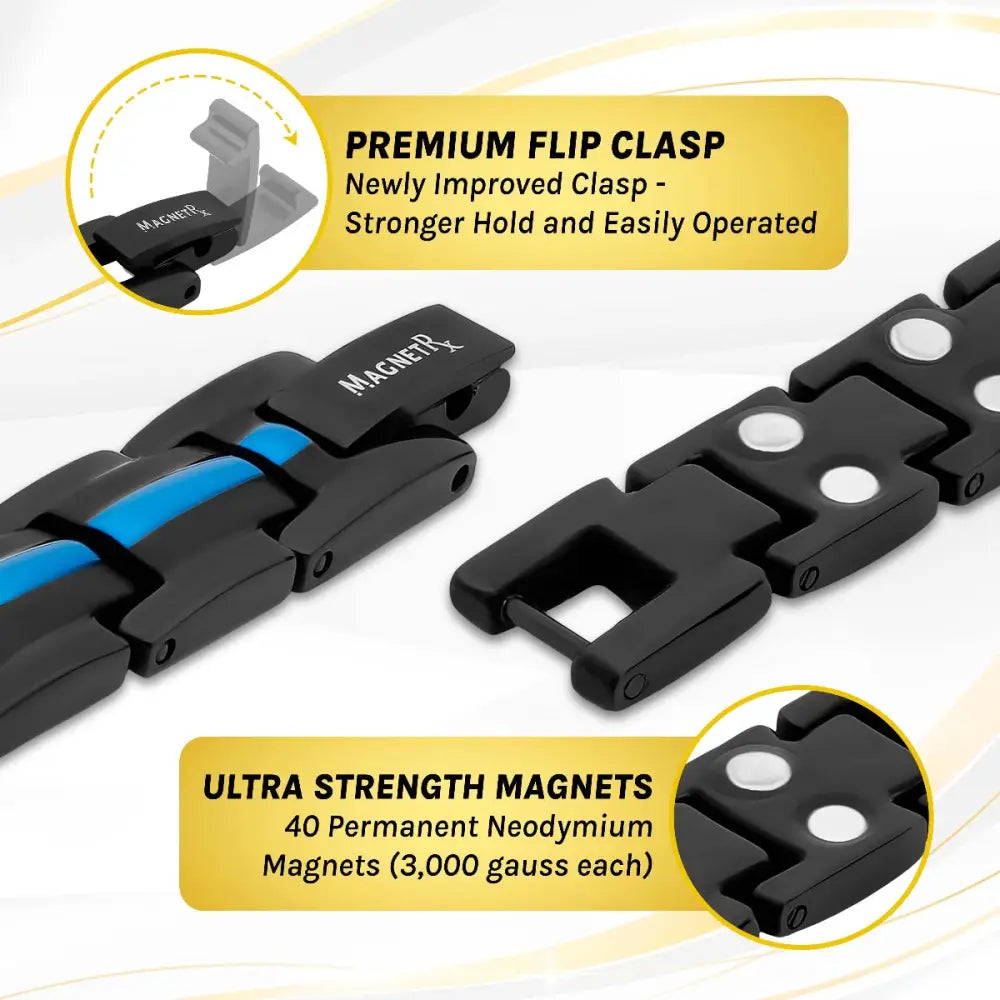Titanium thin blue line magnetic therapy bracelet in black and blue with a premium flip clasp