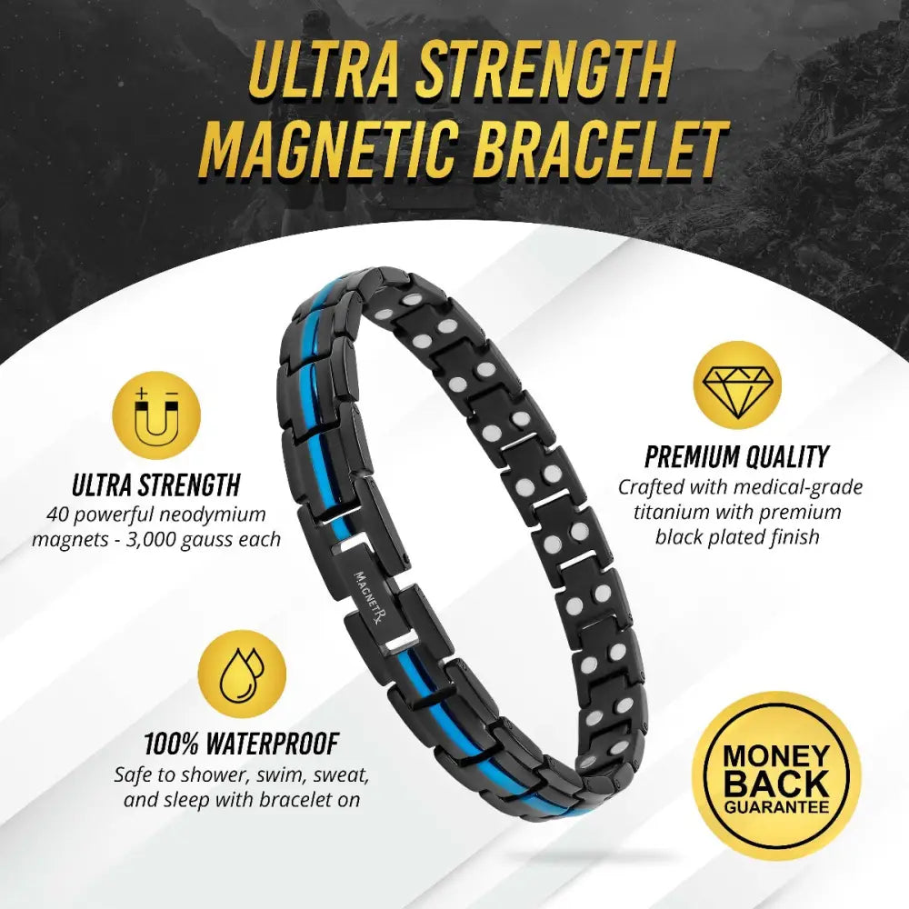 Titanium thin blue line magnetic therapy bracelet black with blue inlay and silver-toned circular magnets