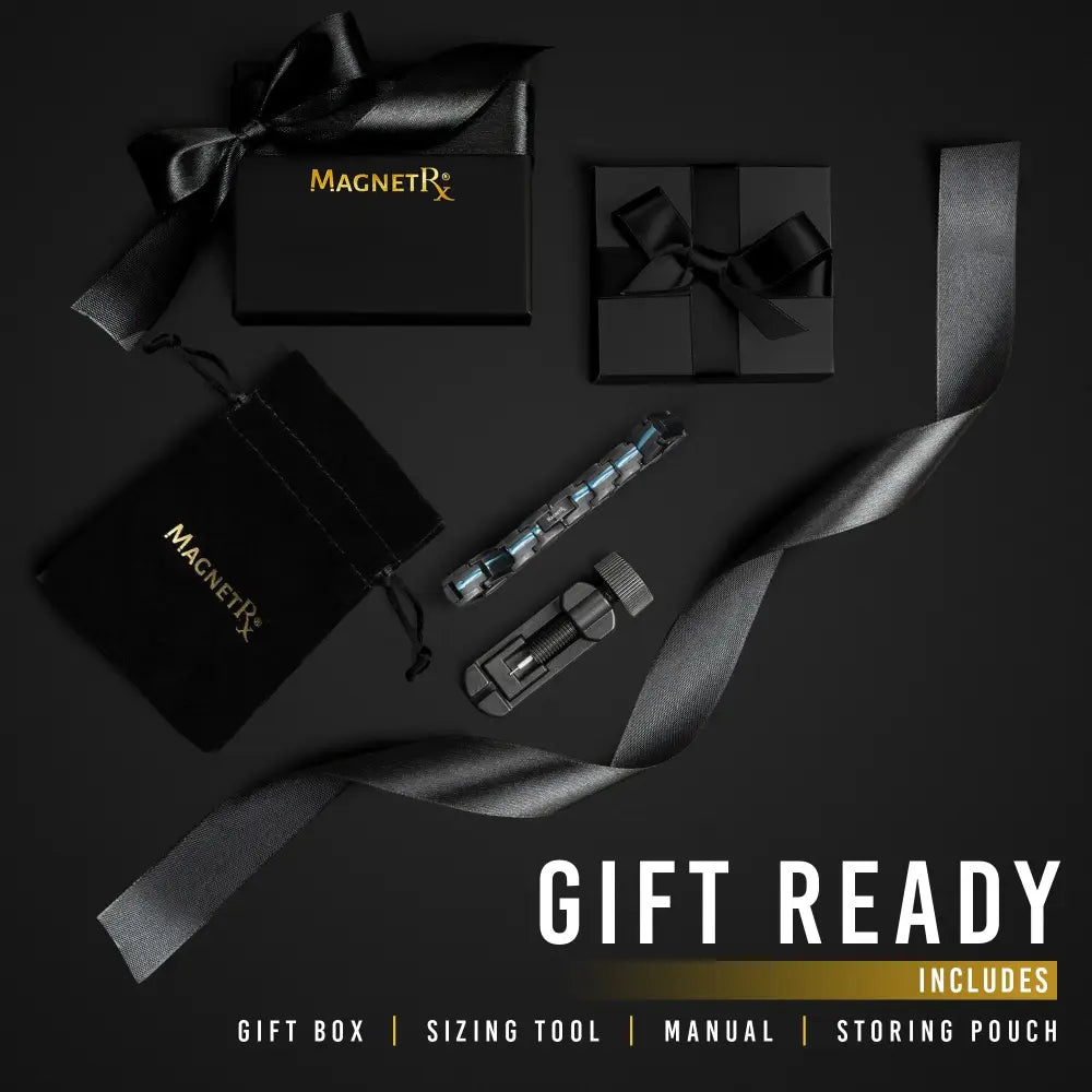 Magnetrx magnetic jewelry sizing tool with sleek metallic finish and transparent blue tinted segments for bracelet sizing