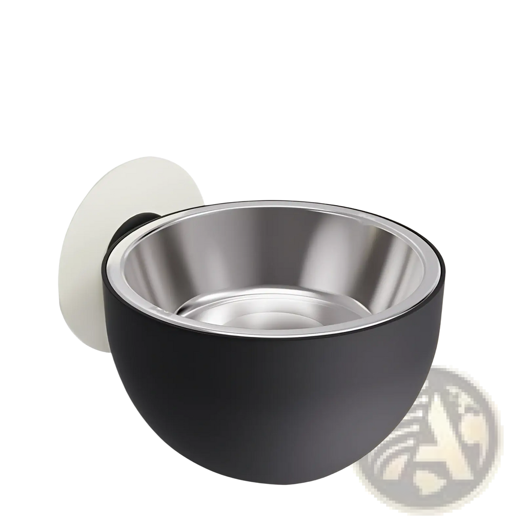 Black and stainless steel magnetic wall mounted adjustable pet food bowl with suction cup base for easy mounting