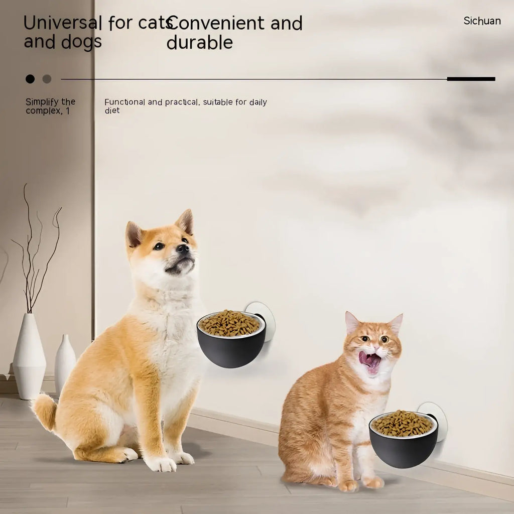 Black magnetic wall mounted pet food bowls with white handles made of stainless steel for convenient feeding