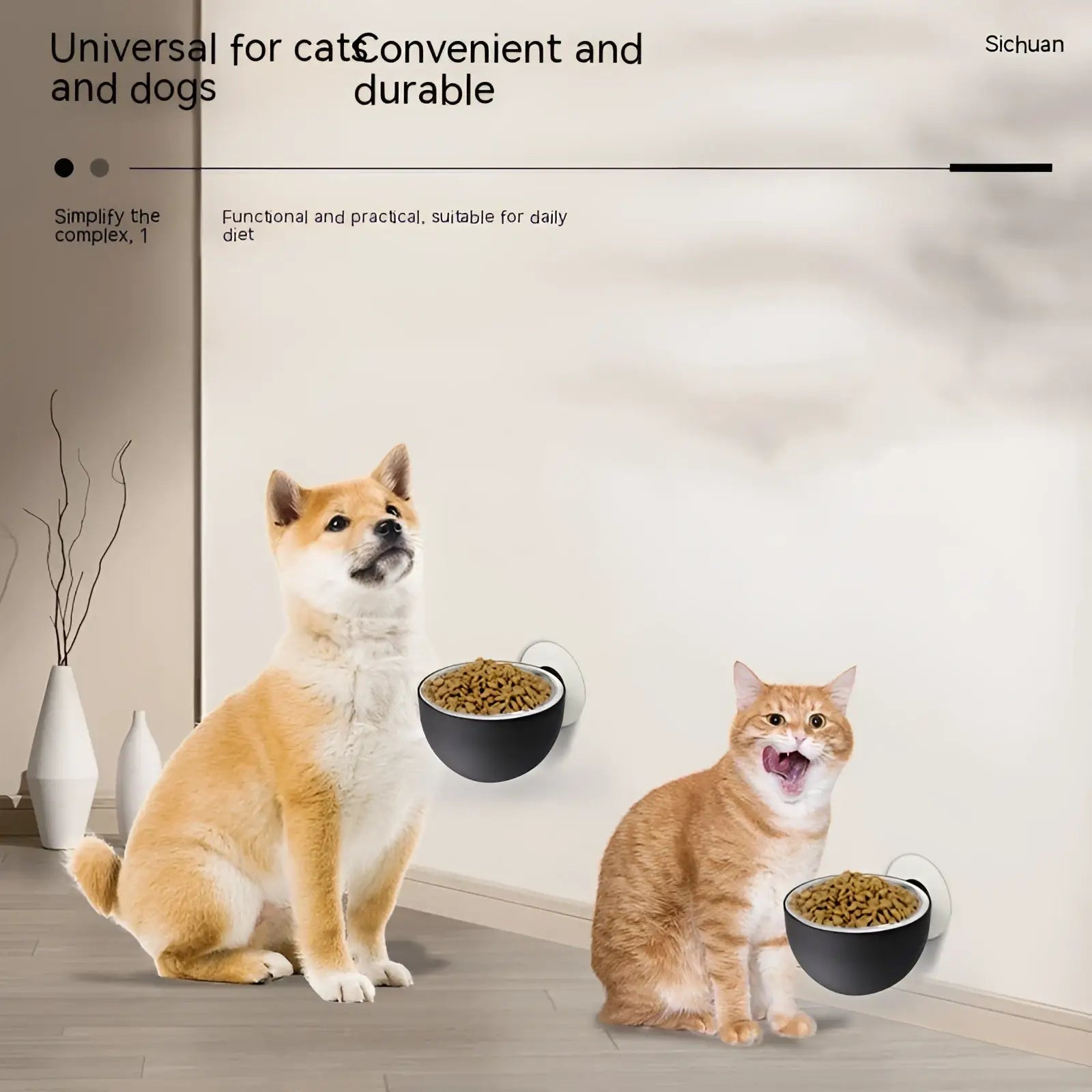 Black magnetic wall mounted pet food bowls with white handles made of stainless steel for convenient feeding