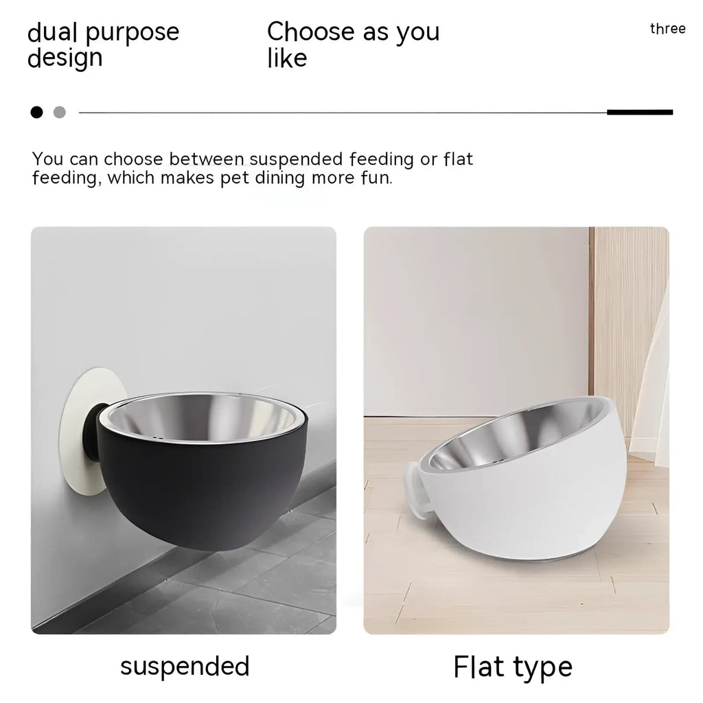 Magnetic wall mounted pet food bowl in matte black and white stainless steel with suspended and flat design options