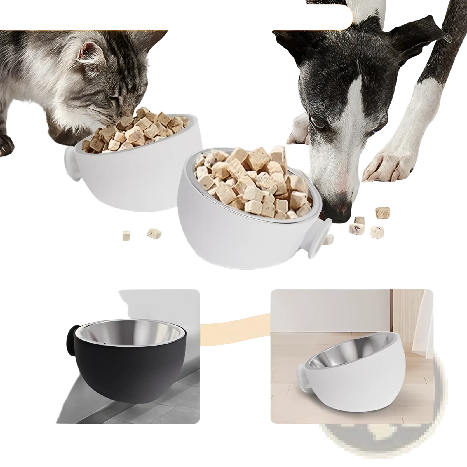 White magnetic wall mounted stainless steel pet food bowl with sleek design and suspension or flat mounting options