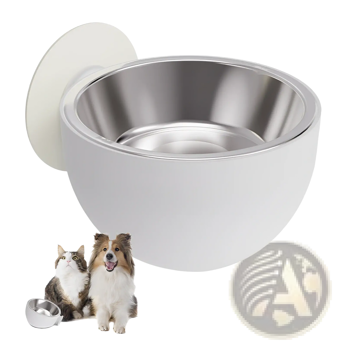 White suction-cup mounted stainless steel pet bowl with sleek modern design for magnetic wall mounted use