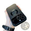 Black magnetic window iphone 13 pro max case back with matte finish circular camera lens design and engraved text