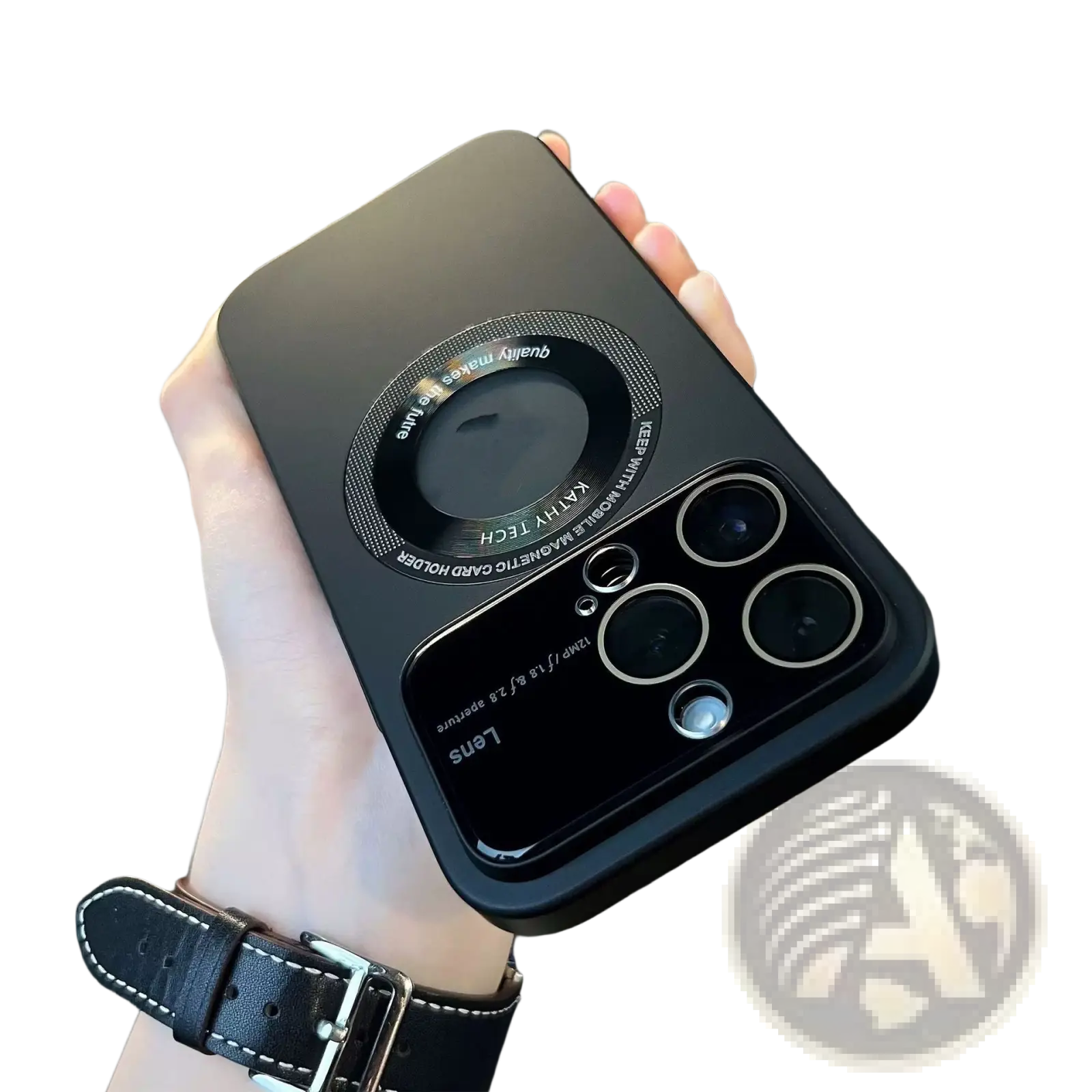 Black magnetic window iphone 13 pro max case back with matte finish circular camera lens design and engraved text
