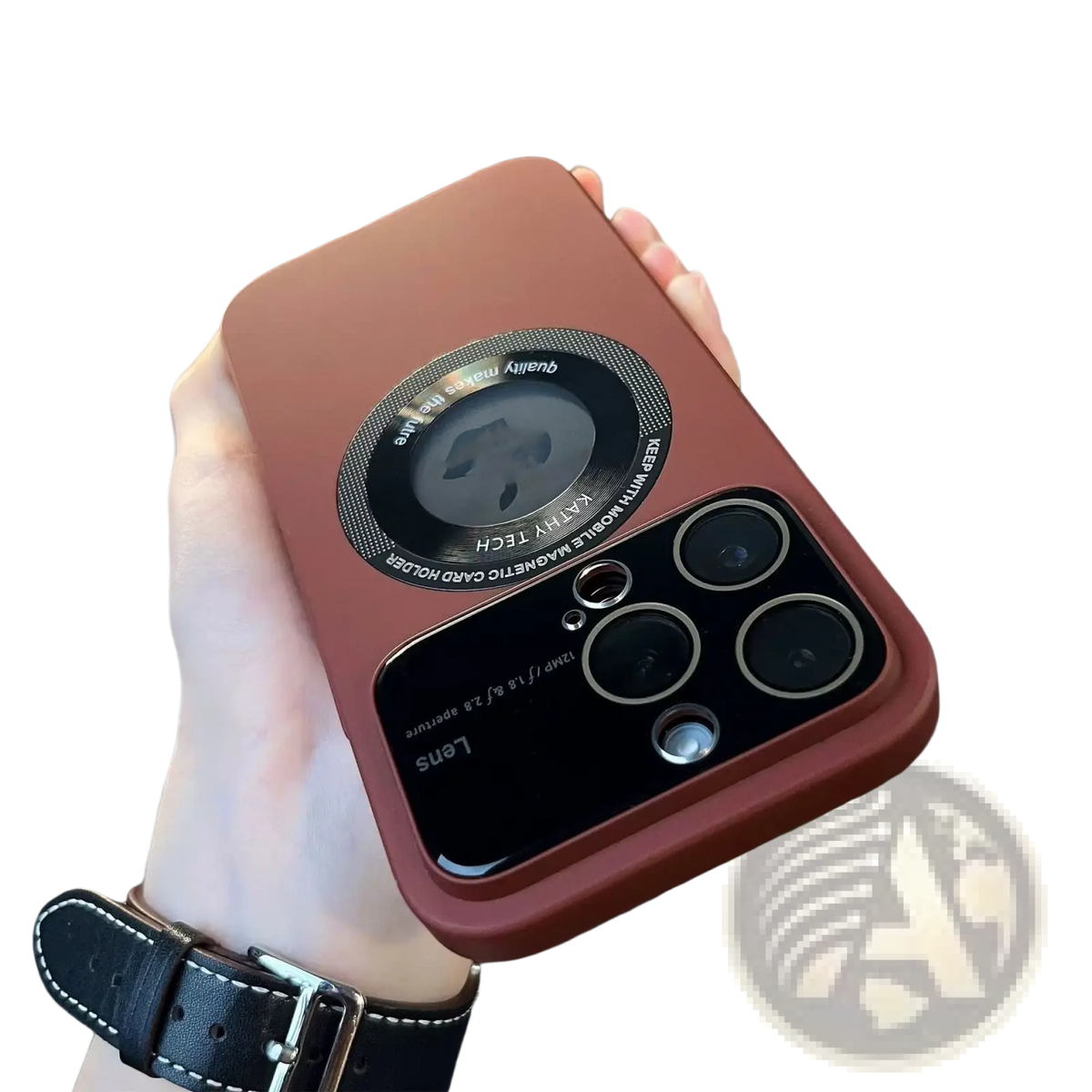 Back side of a matte terracotta magnetic window iPhone 13 Pro Max case with a circular magnetic card holder and black camera cutout