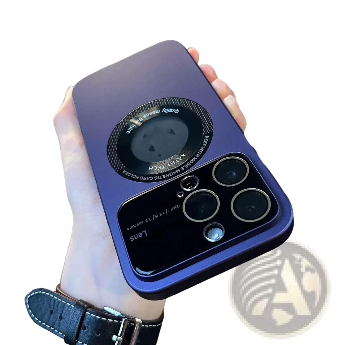 Back side of a purple matte magnetic window iphone 13 pro max case with circular magnetic card holder and triple-camera cutout