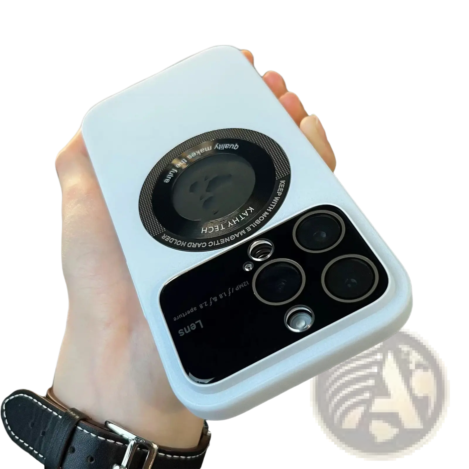 White magnetic window iphone 13 pro max case with black camera lens design and magnetic card holder on back side