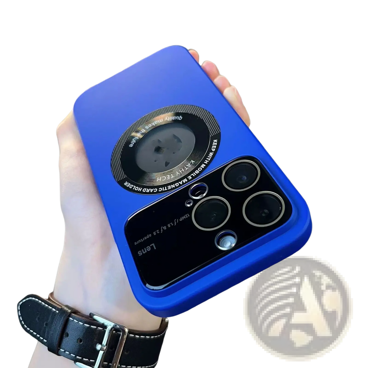 Back side of a vibrant blue magnetic window iphone 13 pro max case with circular magnetic card holder and camera cutout