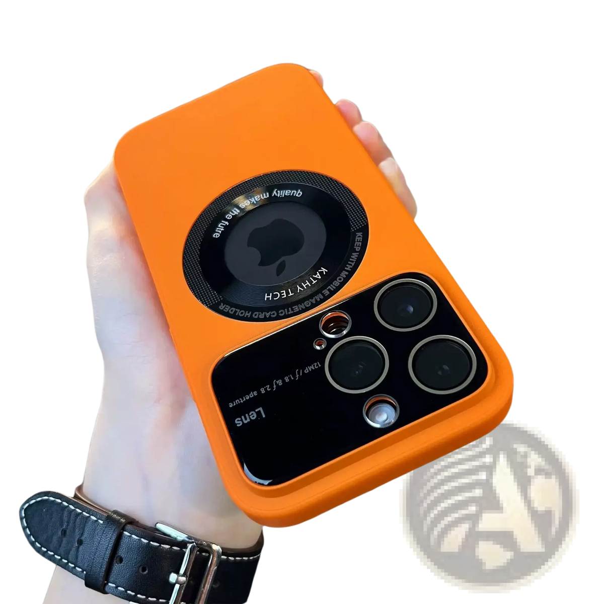 Back side of orange magnetic window iphone 13 pro max case with black circular camera holder branded kathy tech