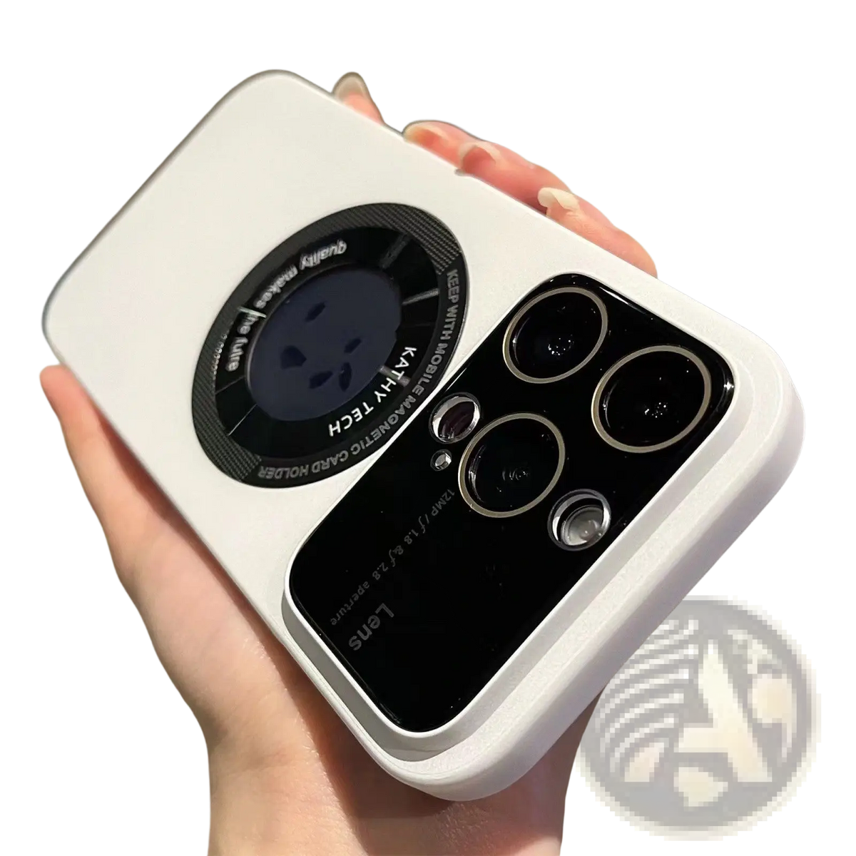 White magnetic window iphone 13 pro max case with black circular magnetic card holder and camera cutout back side view