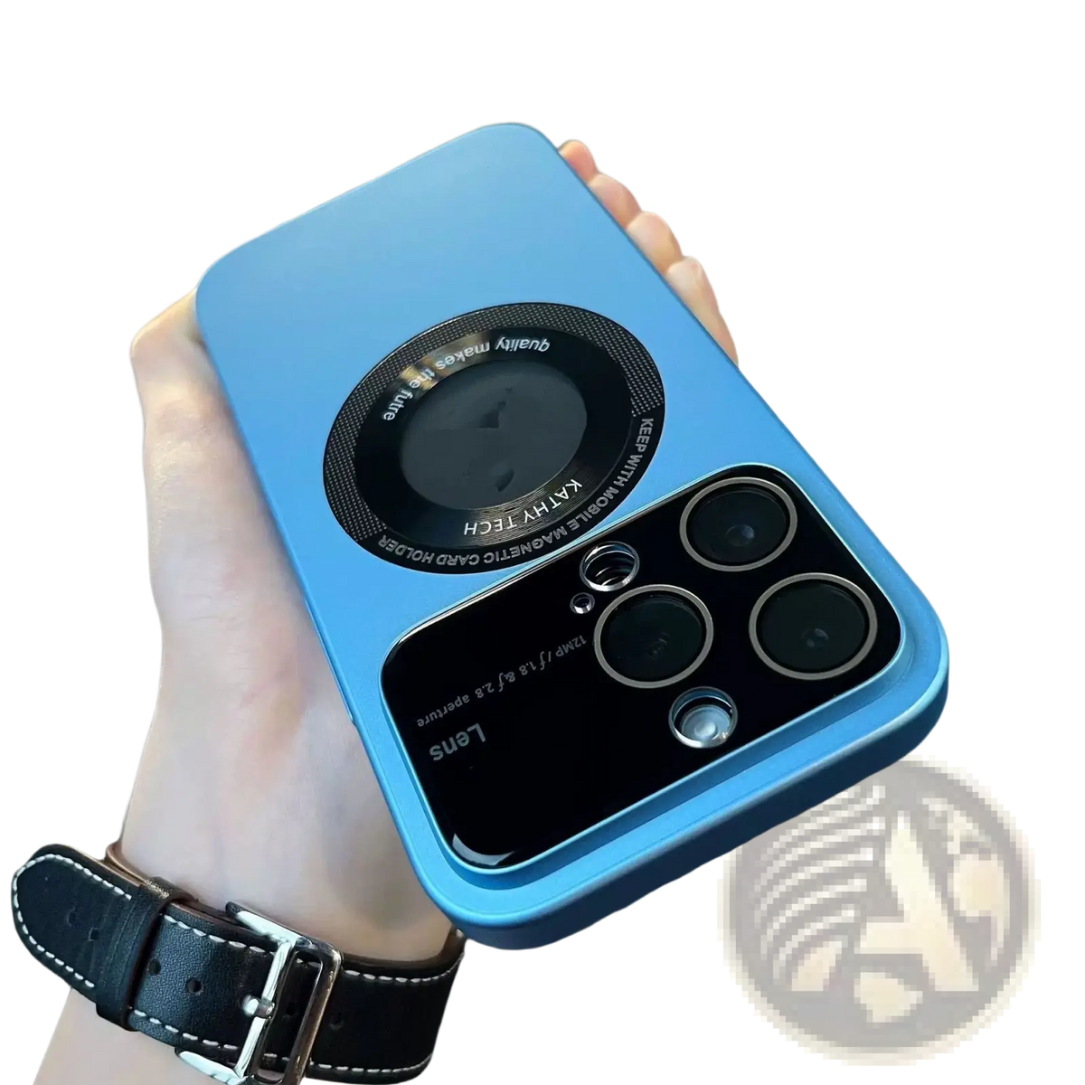 A sleek light blue magnetic window iphone 13 pro max case showing the back with circular magnetic card holder and camera cutout