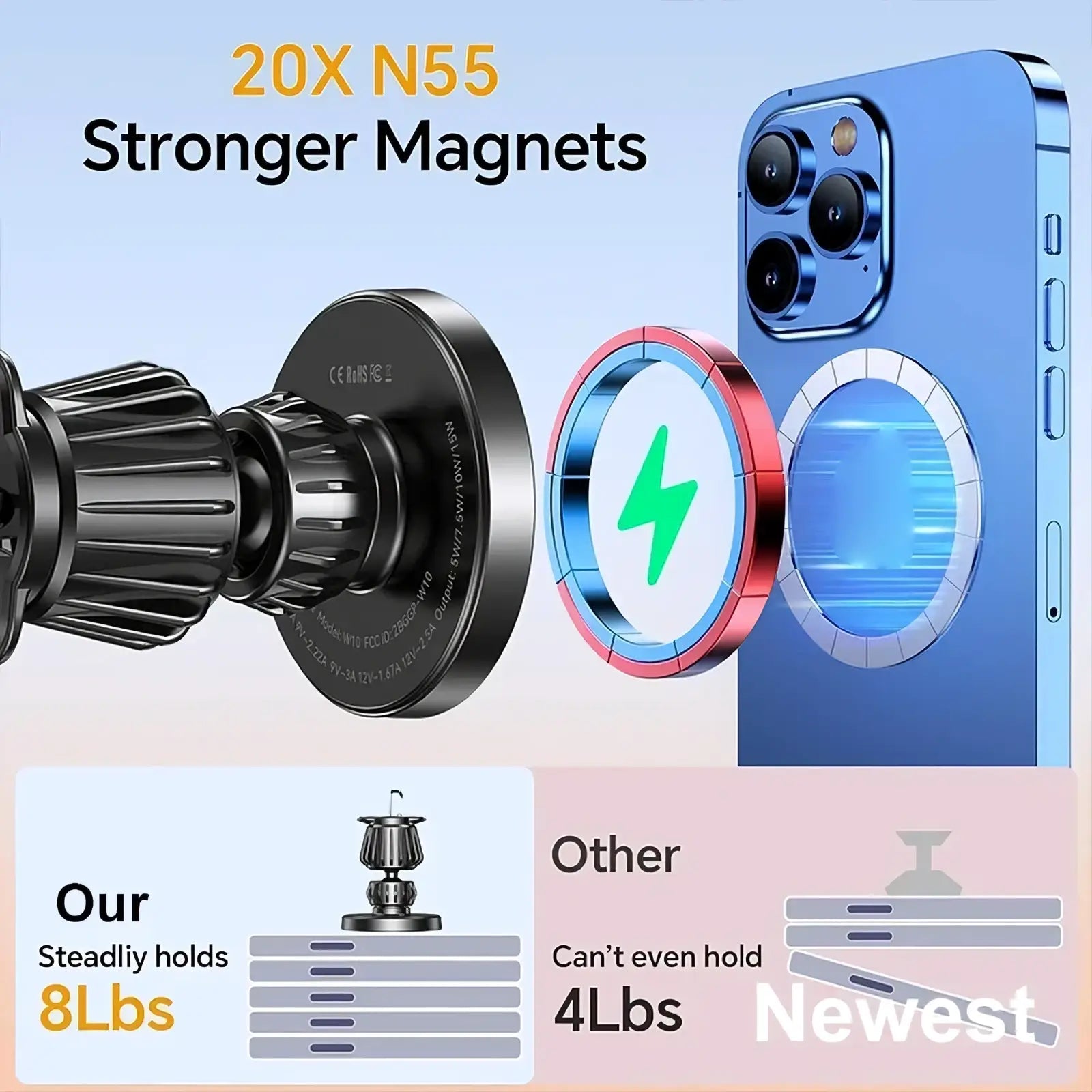 Black magnetic wireless car charger and fast phone mount with 20x n55 stronger magnets for secure holding