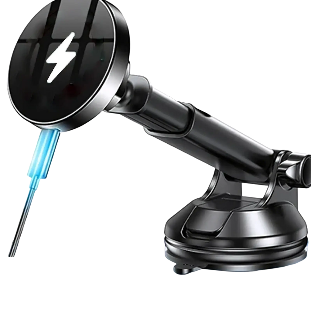 Black magnetic wireless car charger and fast phone mount with sleek adjustable arm and suction cup base