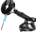 Black magnetic wireless car charger and fast phone mount with sleek adjustable arm and suction cup base