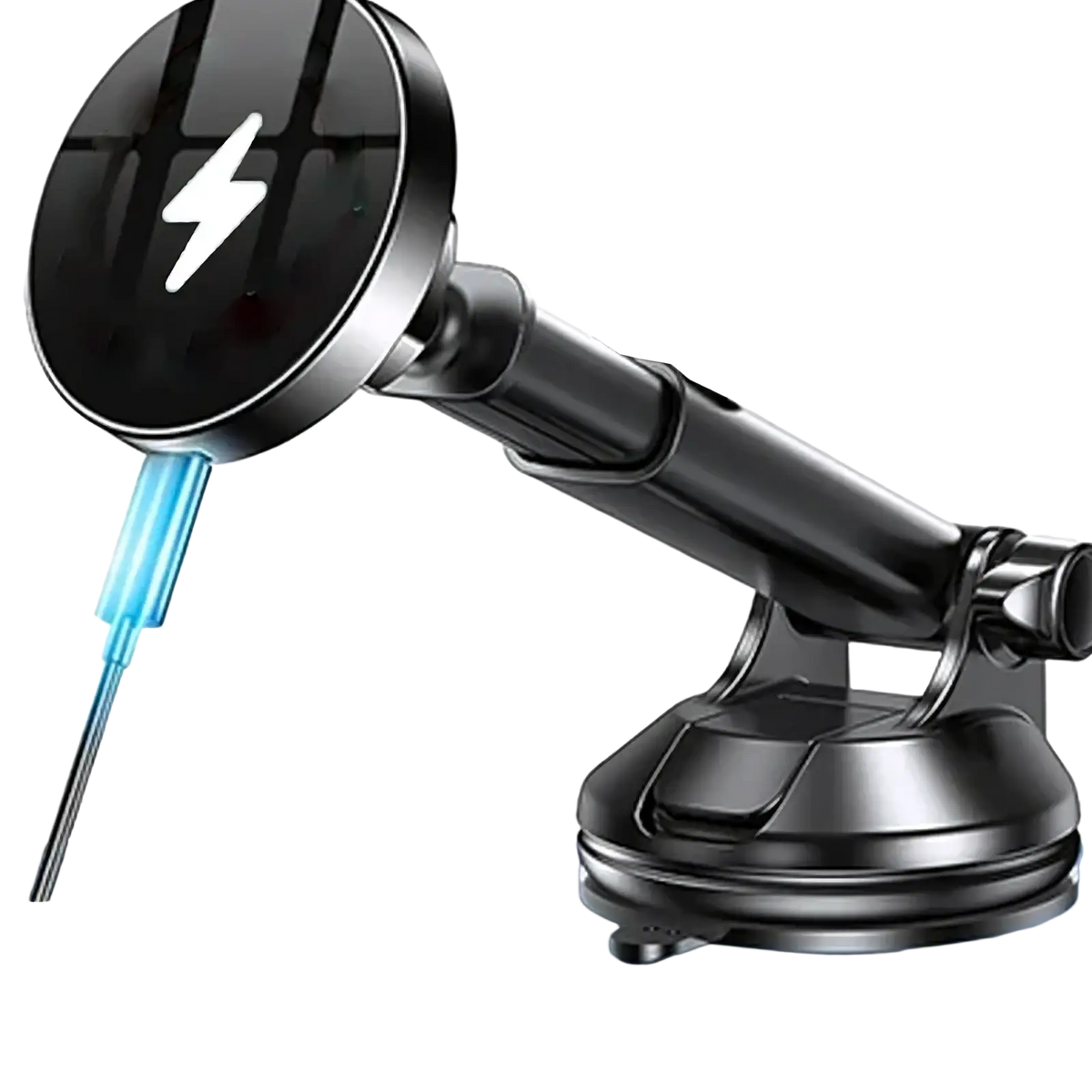 Black magnetic wireless car charger and fast phone mount with sleek adjustable arm and suction cup base