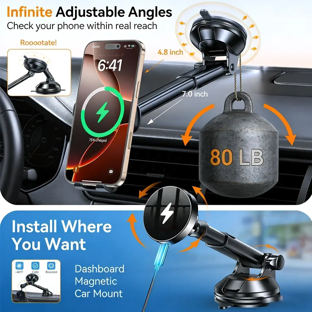 Black adjustable magnetic wireless car charger with suction cup base and extendable arm for secure phone mounting