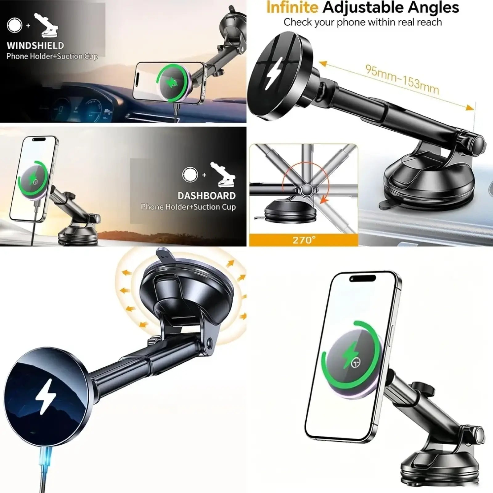 Black adjustable magnetic wireless car charger with suction cup base and circular charging pad featuring lightning bolt design