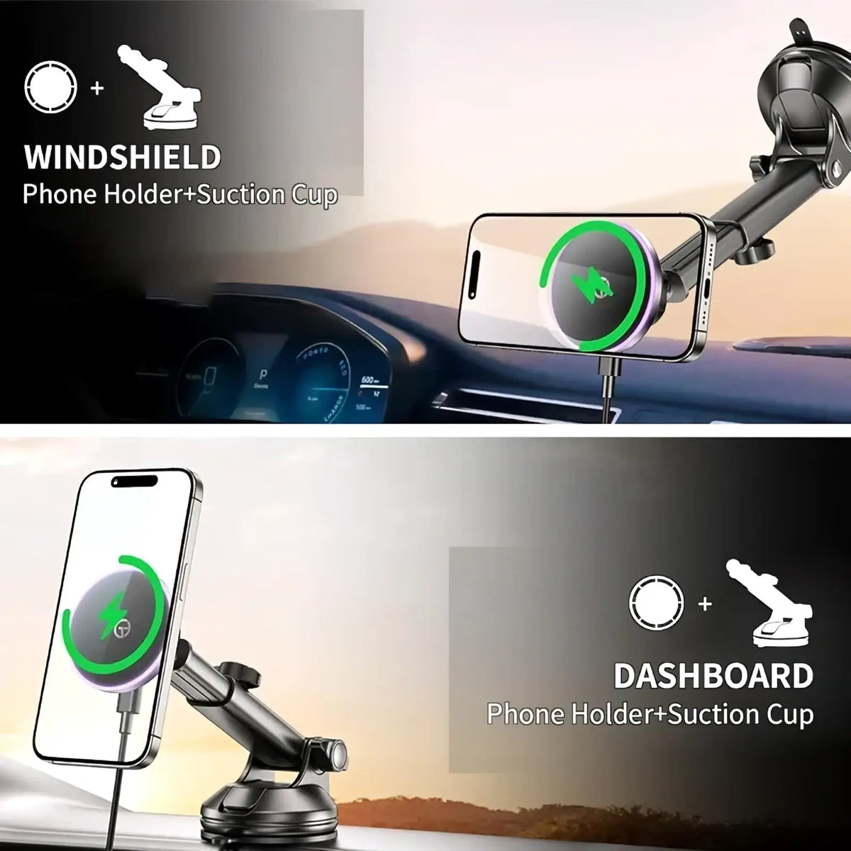 Black magnetic wireless car charger and fast phone mount with adjustable arm and suction cup for windshield or dashboard