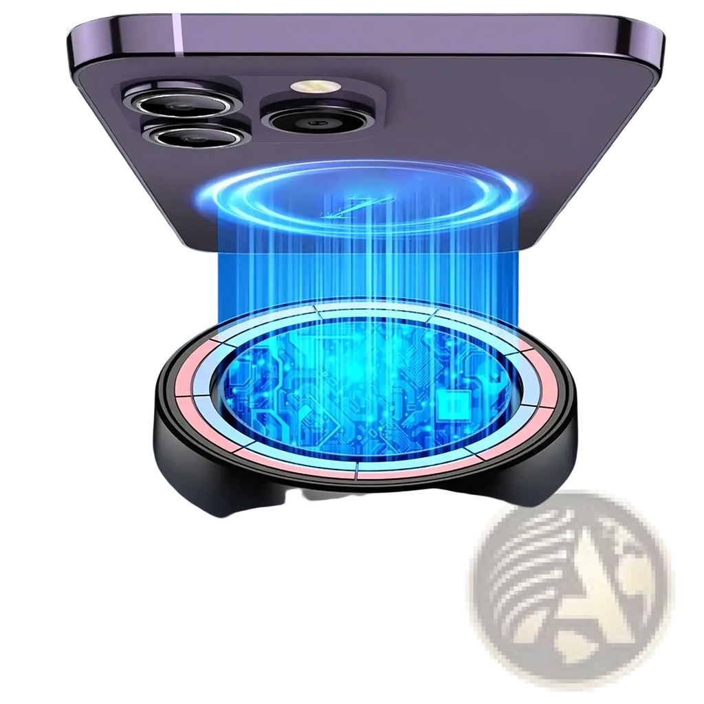 Purple iphone back with triple camera hovering above magnetic wireless car charger emitting blue light for fast charging