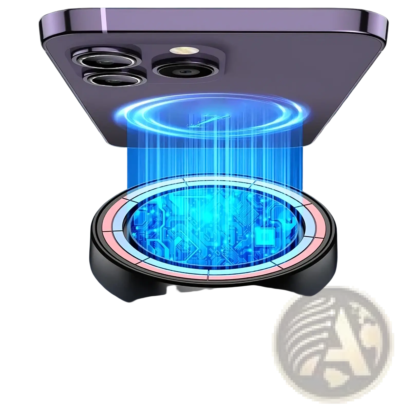 Purple iphone back with triple camera hovering above magnetic wireless car charger emitting blue light for fast charging
