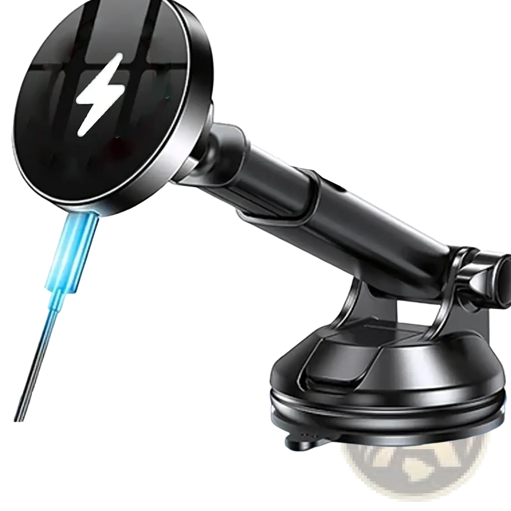 Black magnetic wireless car charger and fast phone mount with sleek adjustable arm and suction cup base