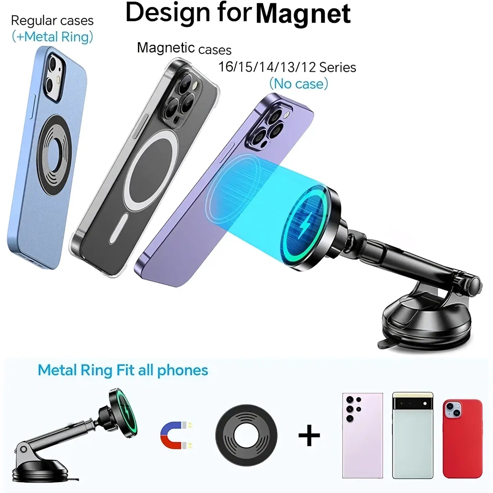 Magnetic wireless car charger and fast phone mount with black suction cup base and adjustable arm with circular magnetic ring
