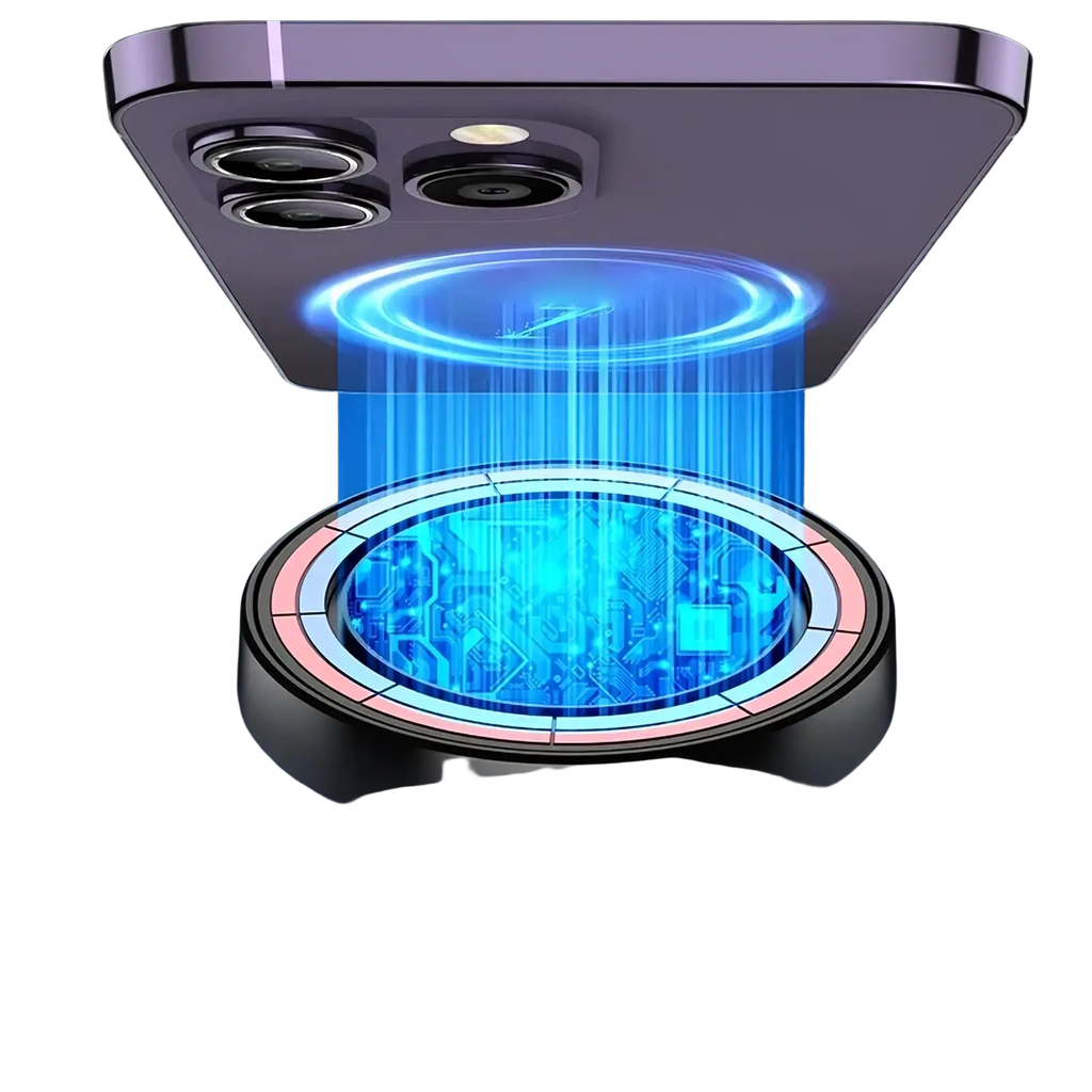 Purple iphone back with triple camera hovering above magnetic wireless car charger emitting blue light for fast charging